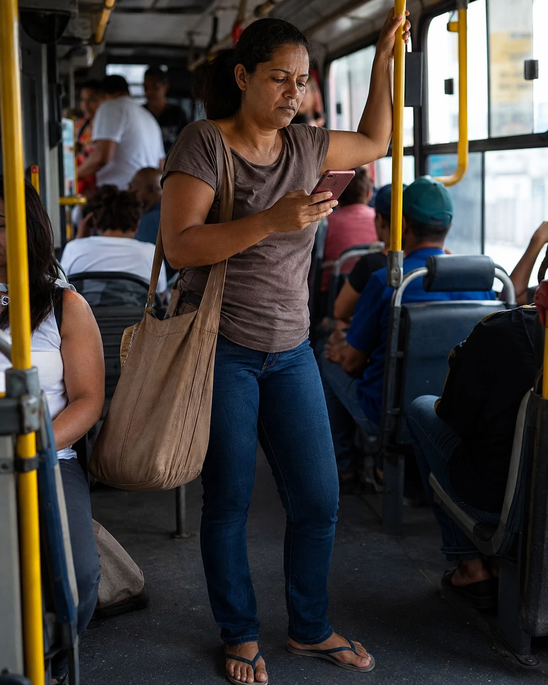 Mulher cansada em pé no ônibus olhando para o celular